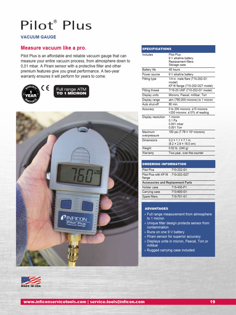 Pilot Plus Vacuum Gauge: 1 Micron Accuracy | PDF | Pressure Measurement ...