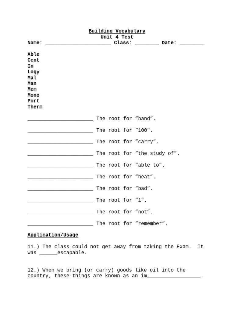 Building Vocabulary Unit 4 Test - Mr.scot | PDF