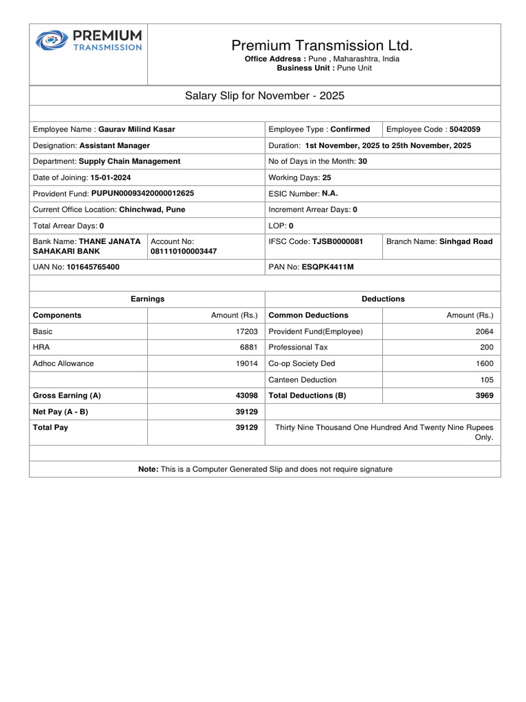November 2025 Salary Slip - Gaurav Kasar | PDF | Taxes | Government ...