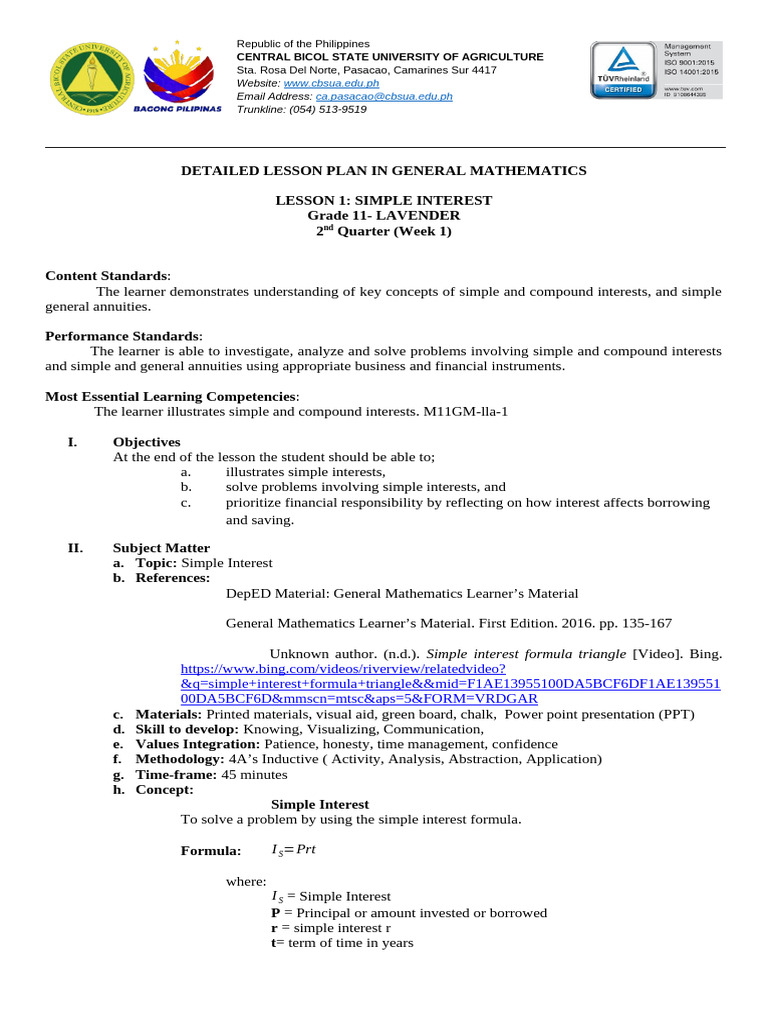 Lesson Plan: Simple Interest for Grade 11 | PDF | Learning | Mathematics
