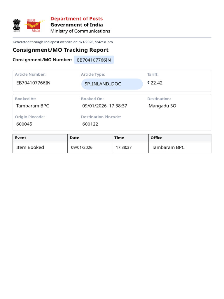 India Post Consignment Tracking Report | PDF