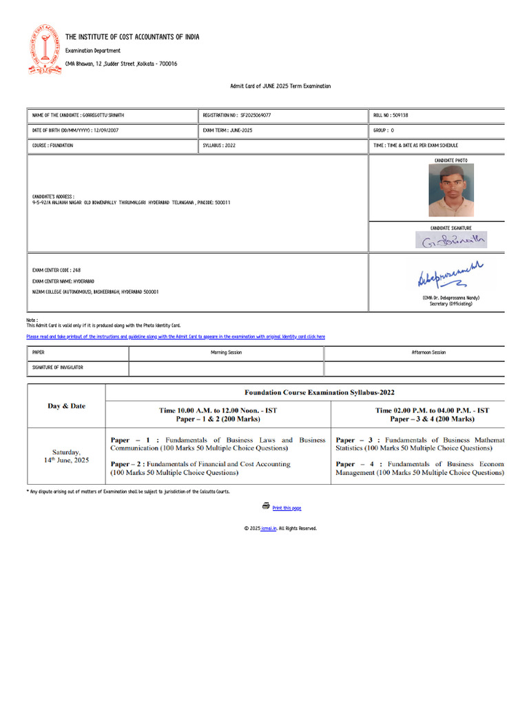 June 2025 CMA Foundation Admit Card | PDF | Government And Personhood ...
