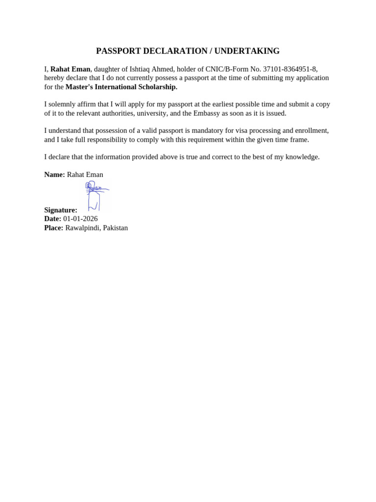 Passport Declaration for Scholarship Application | PDF