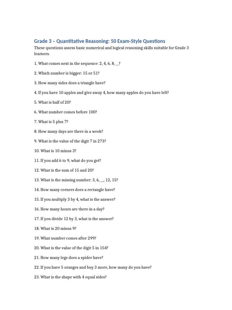 Grade 3 Quantitative Reasoning Exam Style Questions | PDF