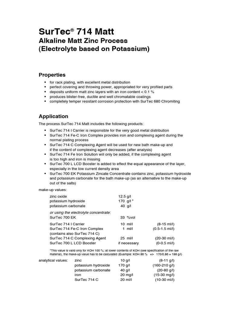 SurTec 714 Matt Zinc Plating Process Guide | PDF | Titration | Chemistry