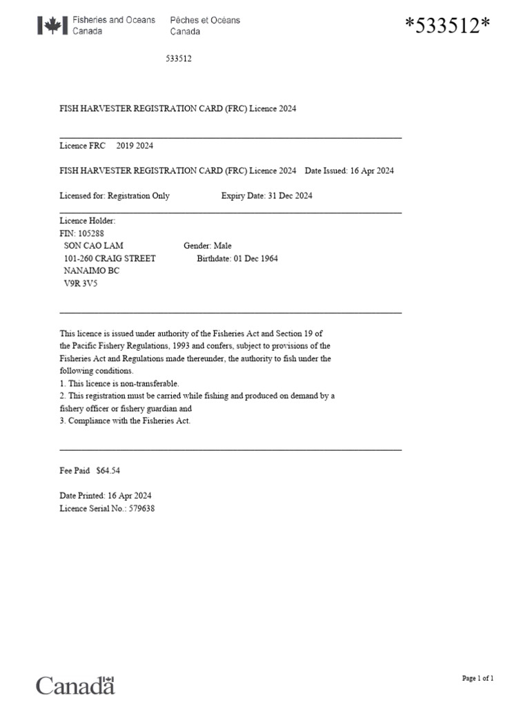Fish Harvester Registration Card 2024 | PDF