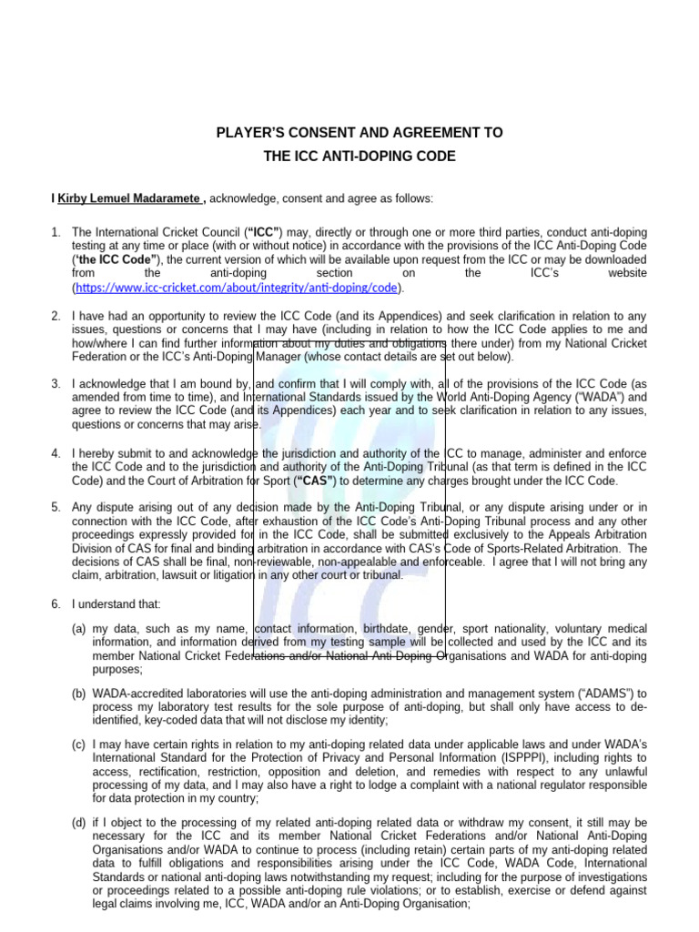ICC Anti-Doping Code Player Agreement | PDF | Doping In Sport | Arbitration