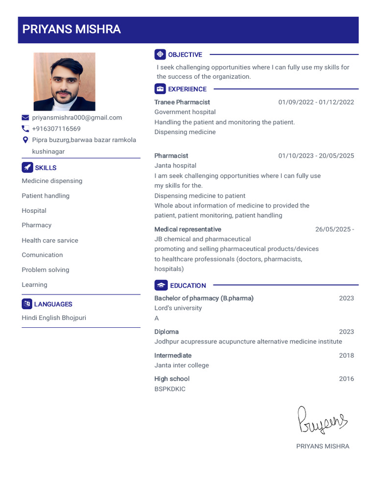Priyans Mishra cv 2026 | PDF | Pharmacist | Pharmacy