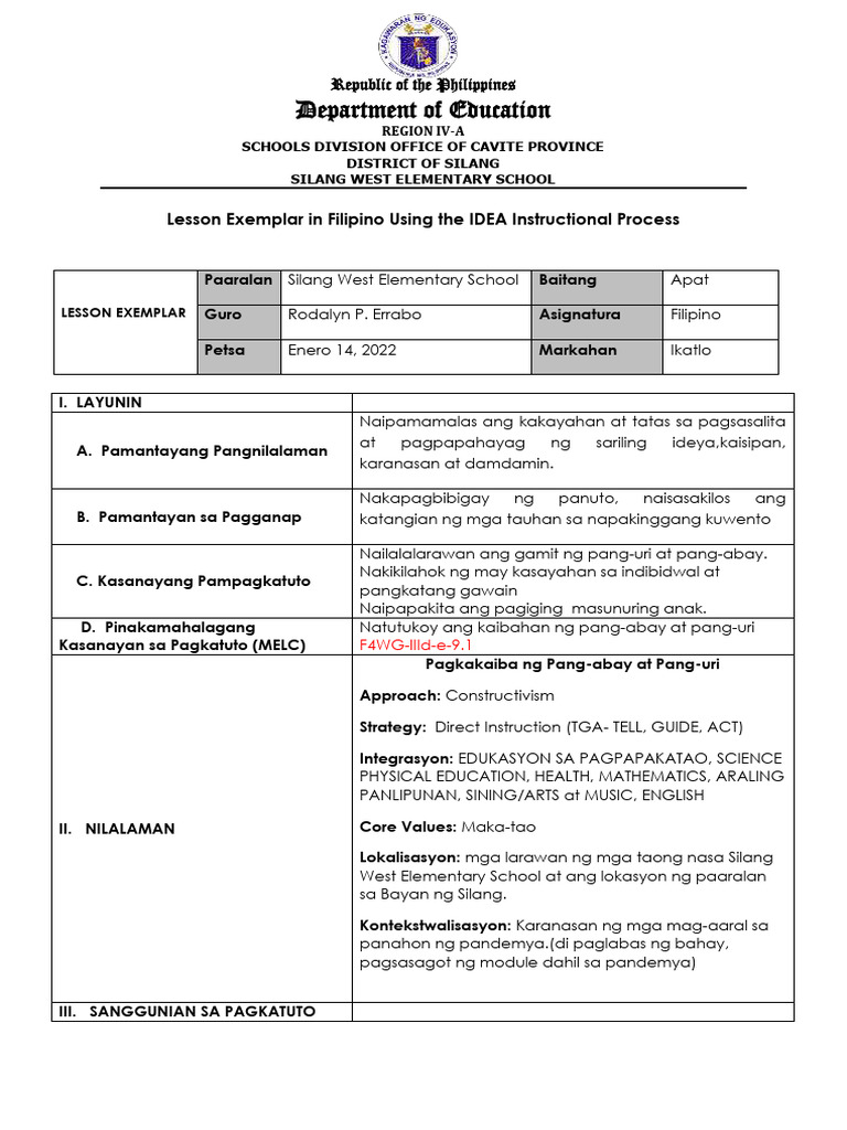 Cot 1 Lesson Exemplar in Filipino Iv 2021 2022 | PDF