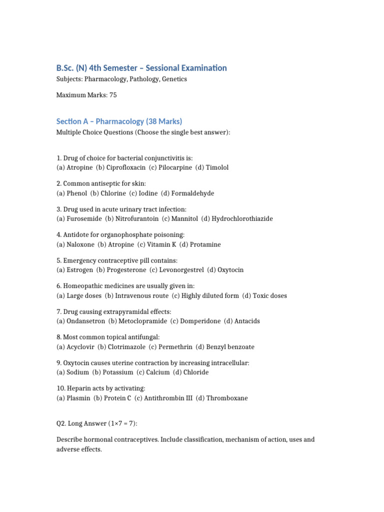 BSc Nursing Sessional Exam All Sections | PDF