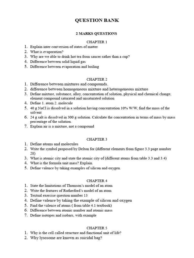 Question Bank Term 2 Science Std 9 | PDF | Mixture | Tissue (Biology)