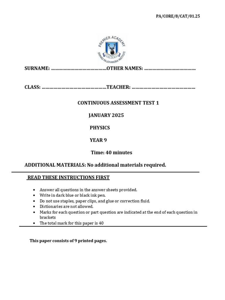 Year 9 Physics Continuous Assessment Test | PDF | Water | Temperature