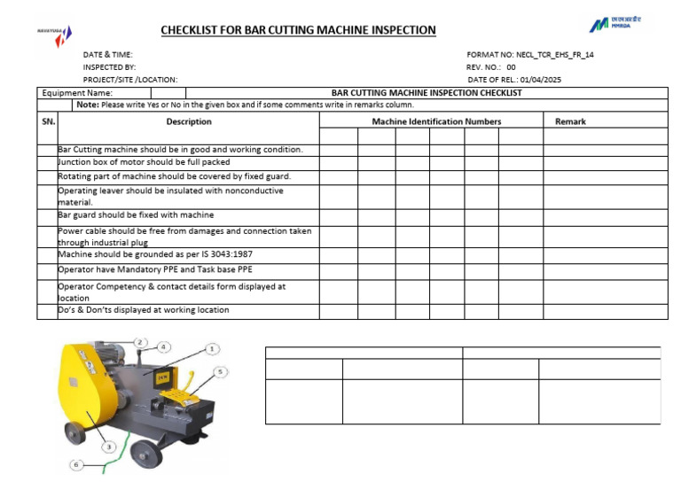 Bar Cutting Machine Inspection Checklist | PDF