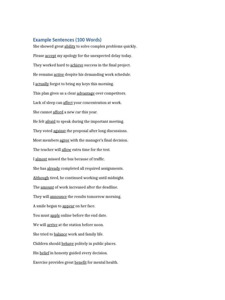 100 Example Sentences for Practice | PDF