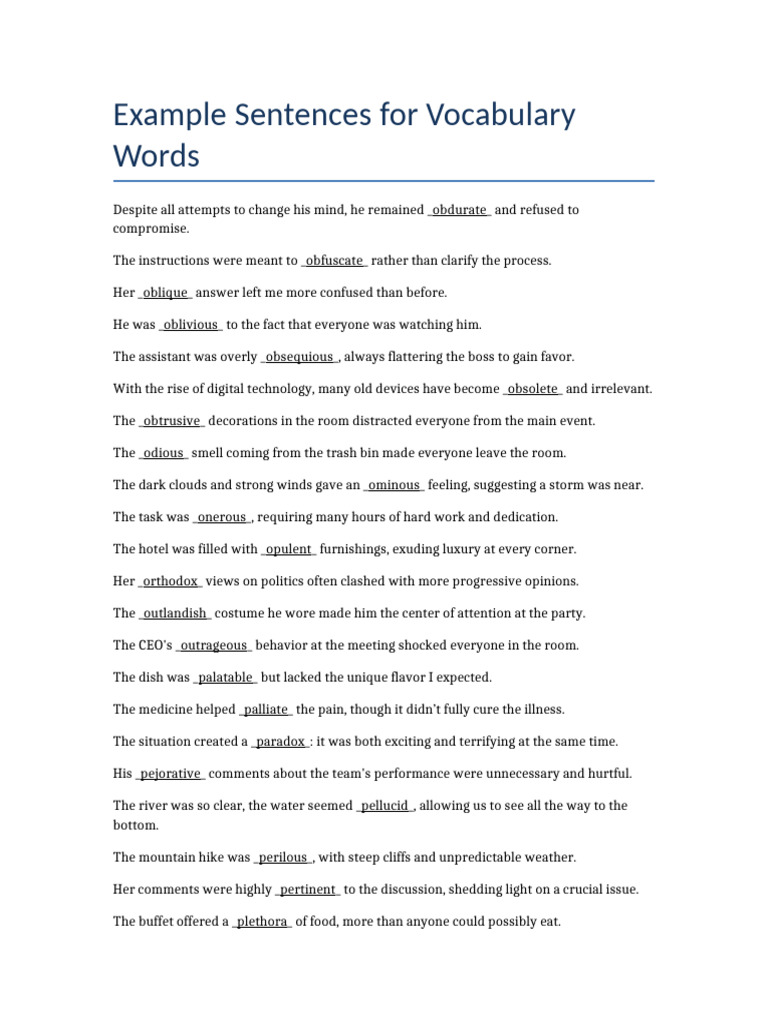 Vocabulary Example Sentences Guide | PDF