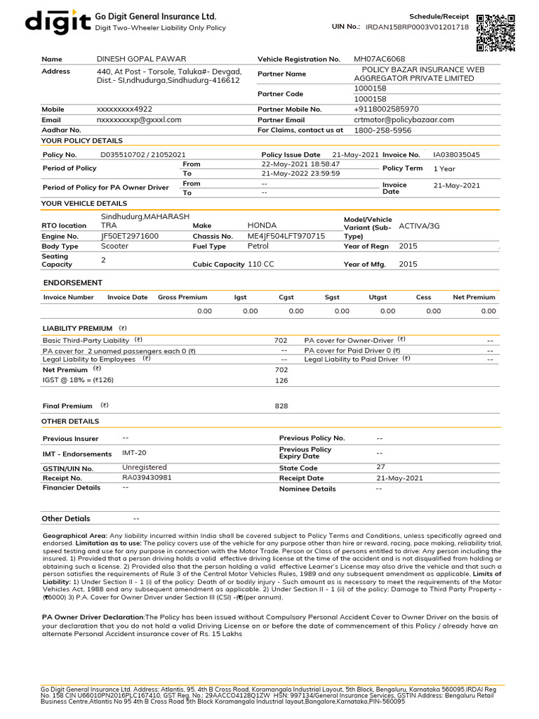 PolicySoftCopy_380318114 | PDF | Insurance | Driver's License