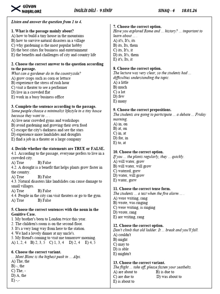 9th Grade English Language Exam 4 | PDF