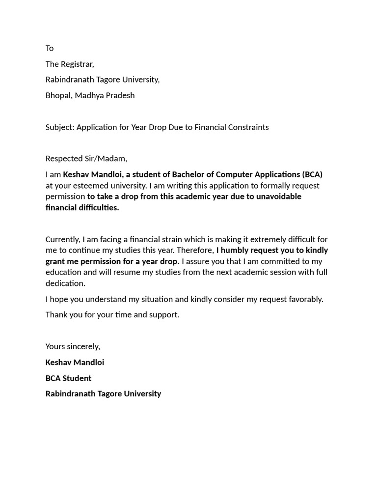 Year Drop Request for Financial Issues | PDF
