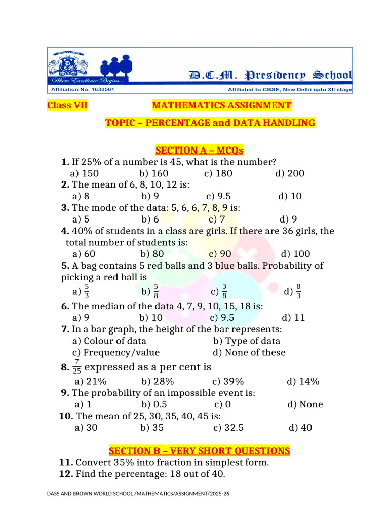 7TH MATHS ASSIGNMENT (Topic - Percentage & Data Handling) | PDF | Mean ...