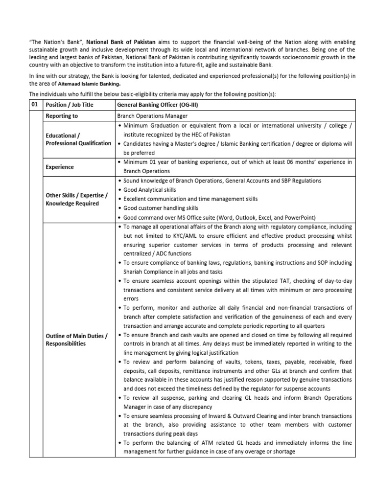 General Banking Officer Job at NBP | PDF | Banks | Employment