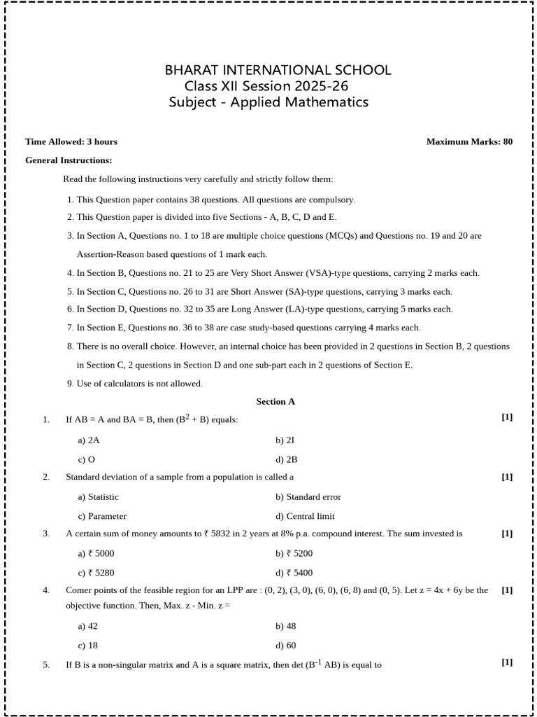 Class XII Applied Mathematics Exam Paper | PDF | Standard Deviation ...