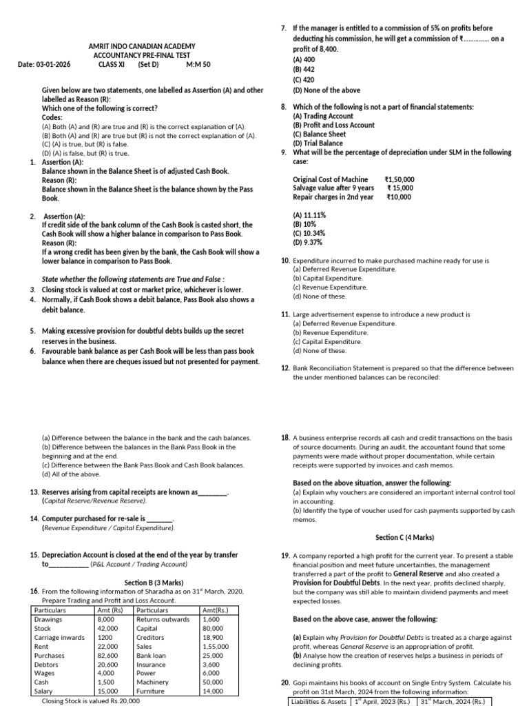 Class XI Accountancy Pre-Final Test | PDF | Expense | Debits And Credits