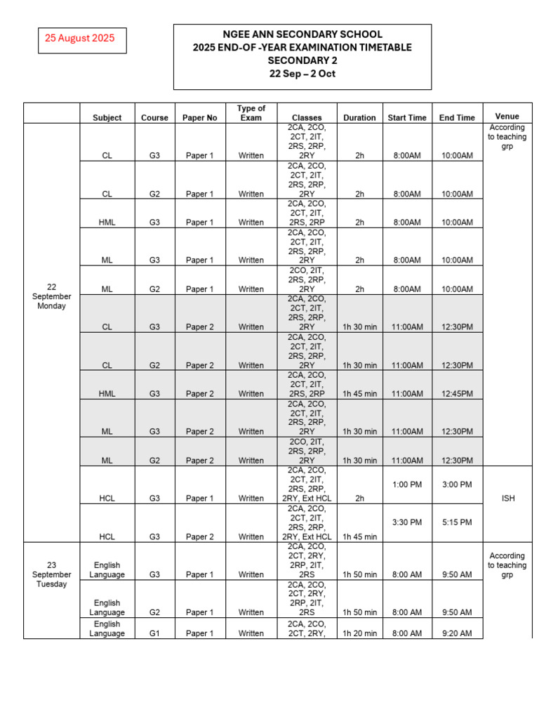 2025 Secondary 2 Exam Timetable | PDF | Educational Stages | Qualifications