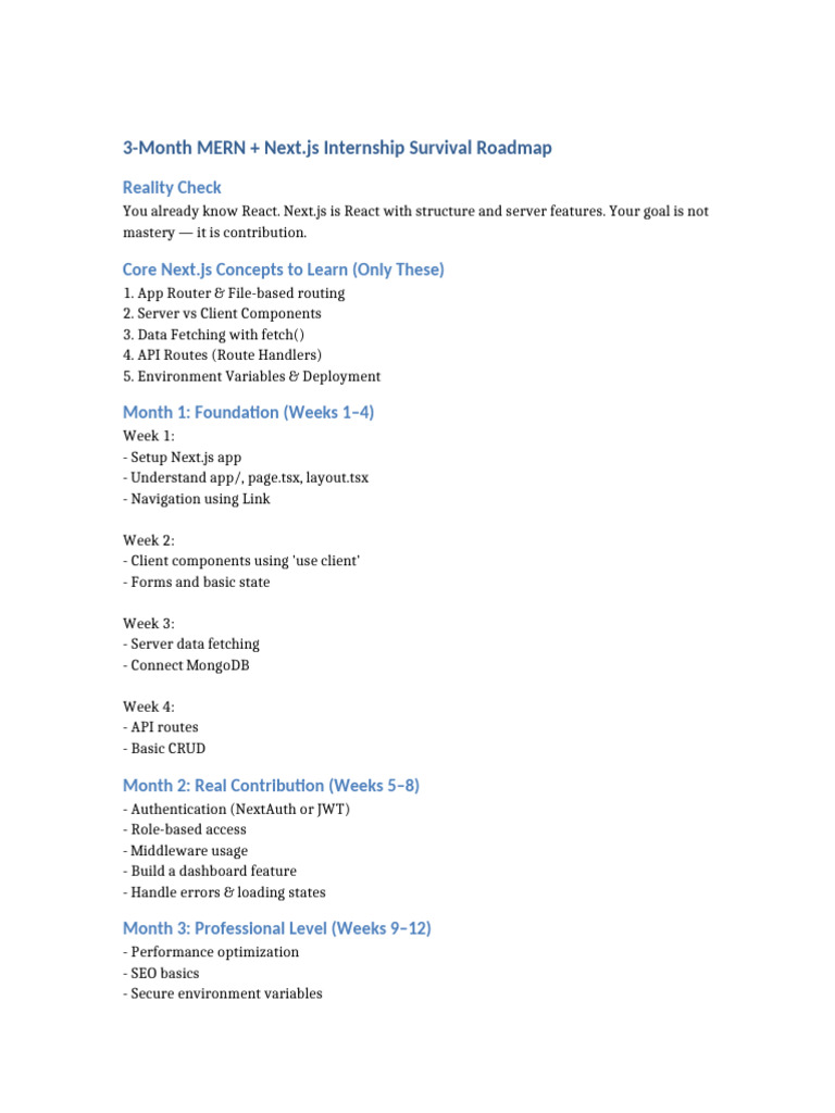 3-Month Next.js Internship Roadmap | PDF