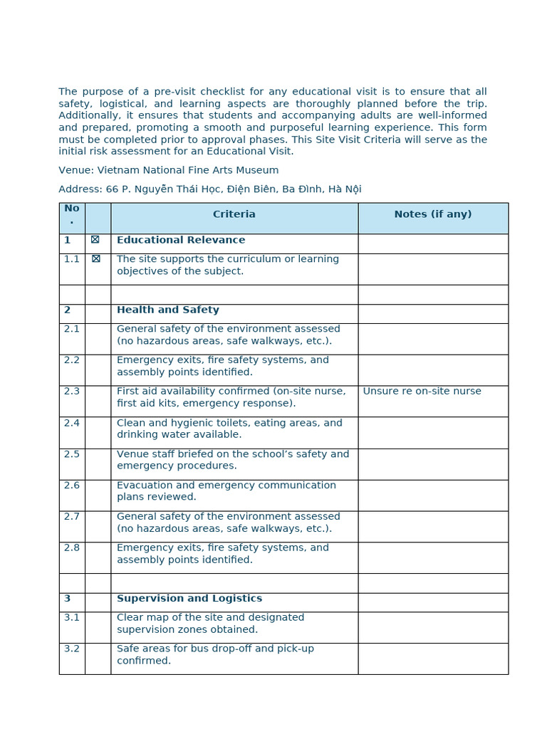 Pre-Visit Checklist for Educational Trips | PDF