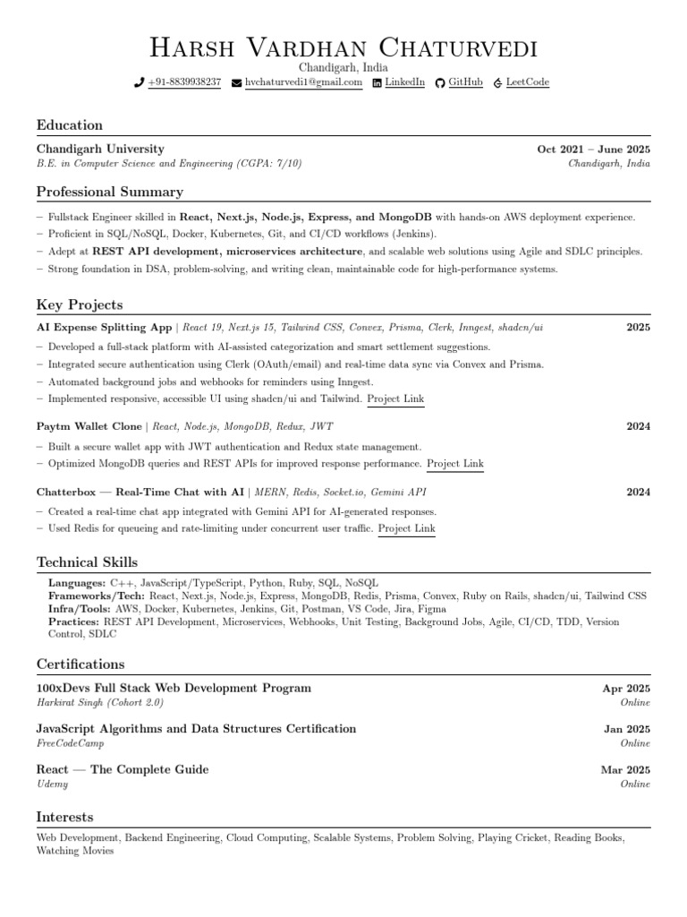 Fullstack Engineer Resume: Harsh Vardhan | PDF | Web Development | Mongo Db