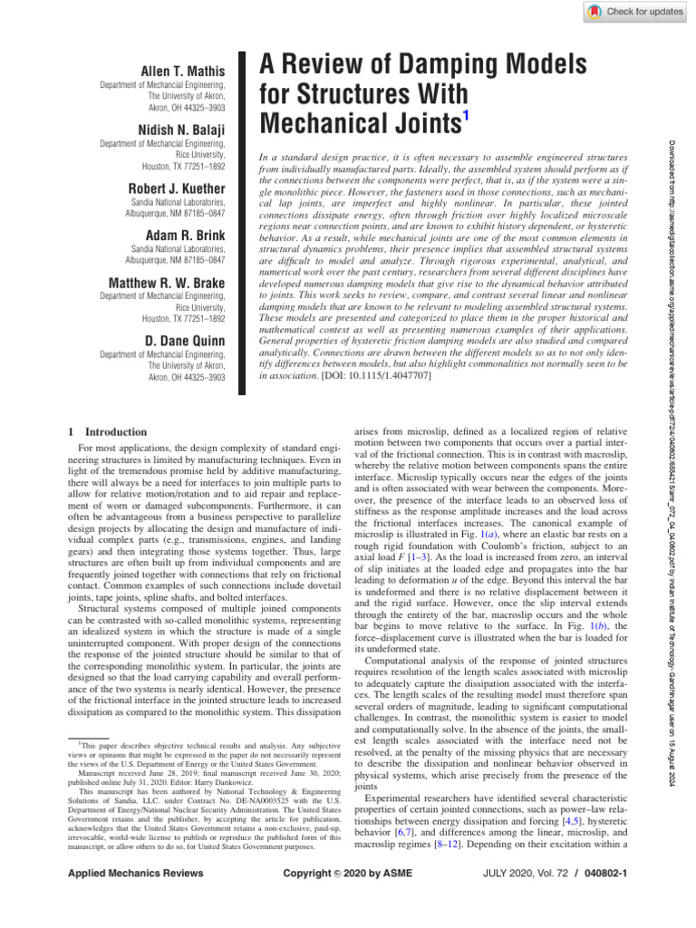 A Review of Damping Models for Structures With Mechanical Joints | PDF ...