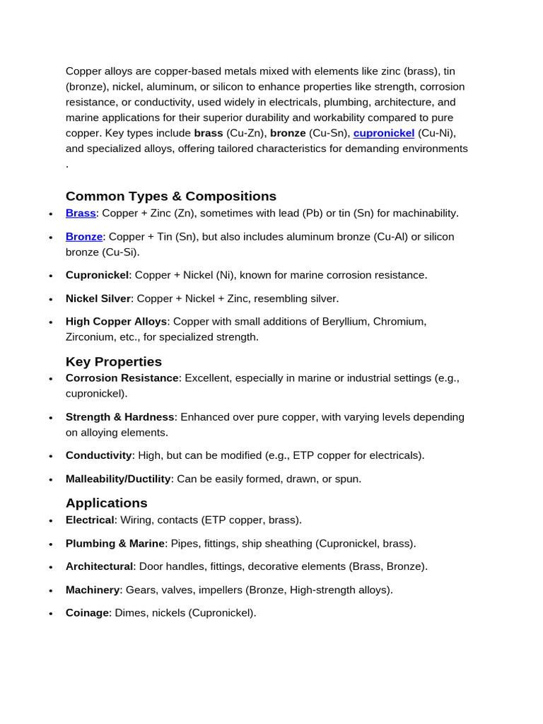 Types and Uses of Copper Alloys | PDF