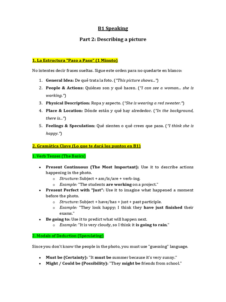 B1 Speaking: Picture Description Guide | PDF | Semantics | Language ...