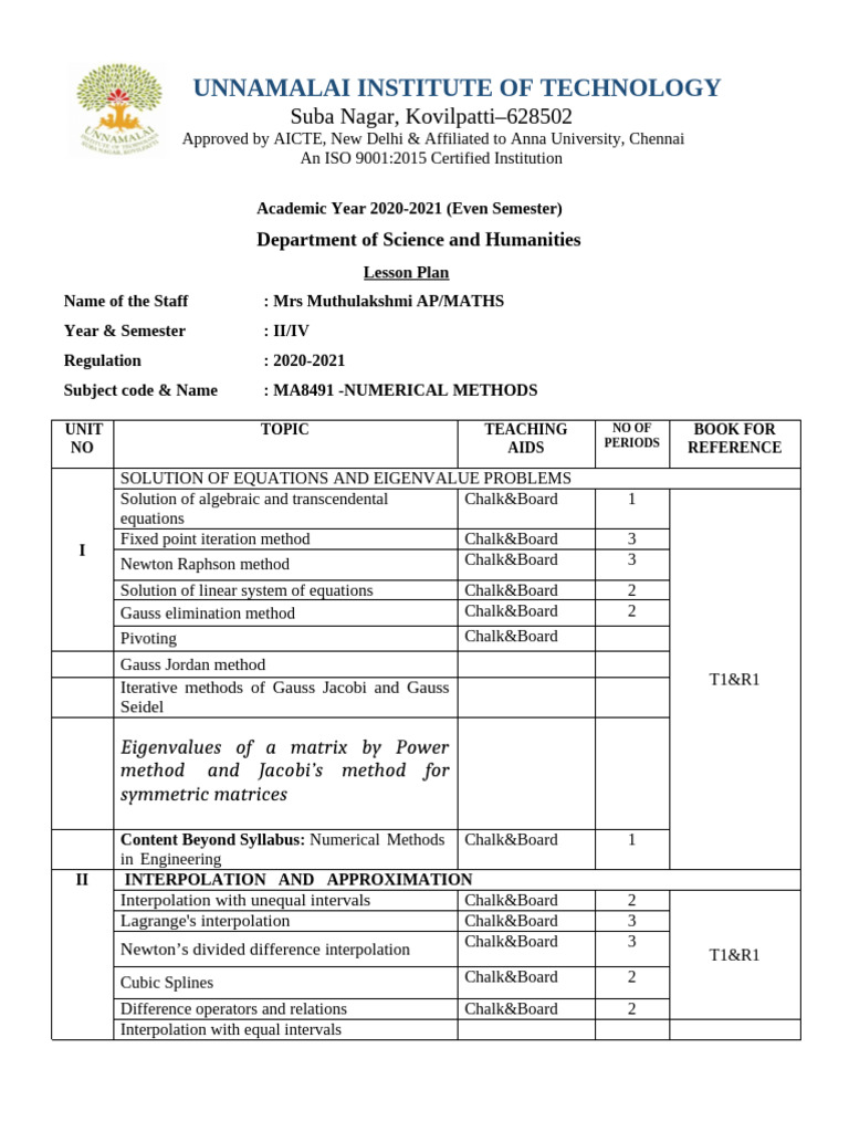 Numerical Methods Lesson Plan 2021 | PDF | Equations | Interpolation