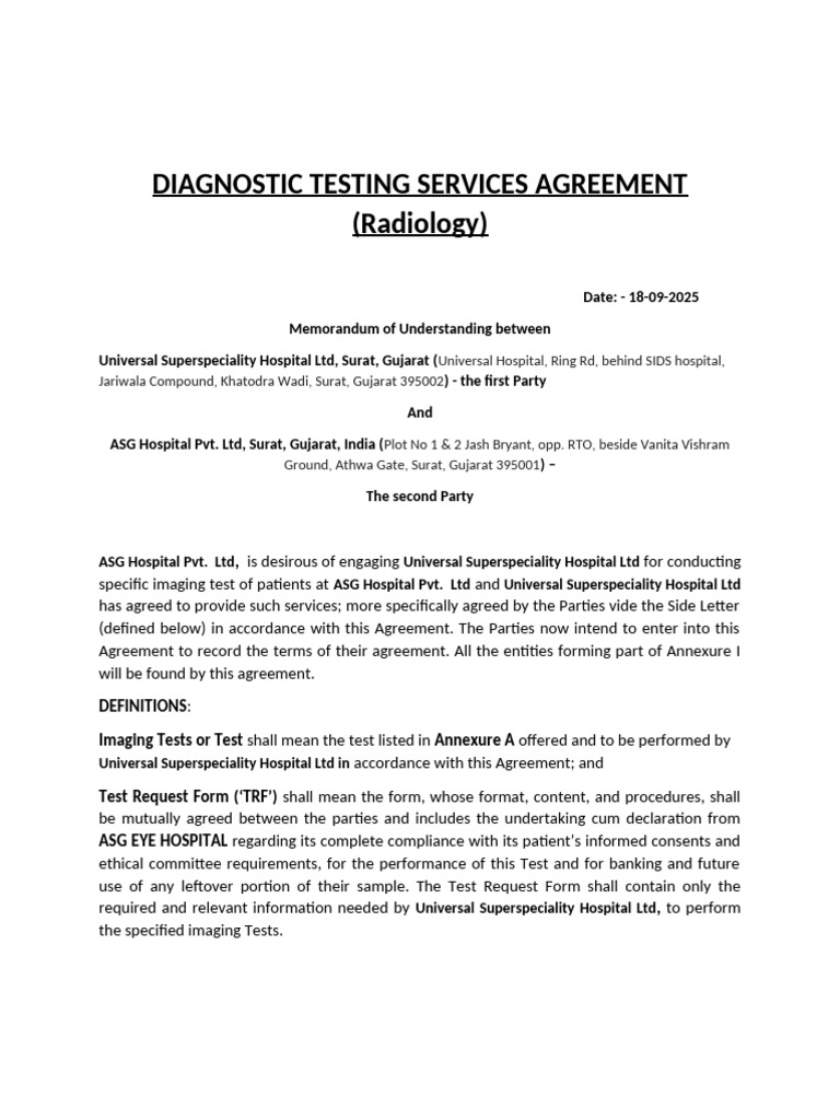 Diagnostic Testing Services Agreement | PDF | Quality Assurance