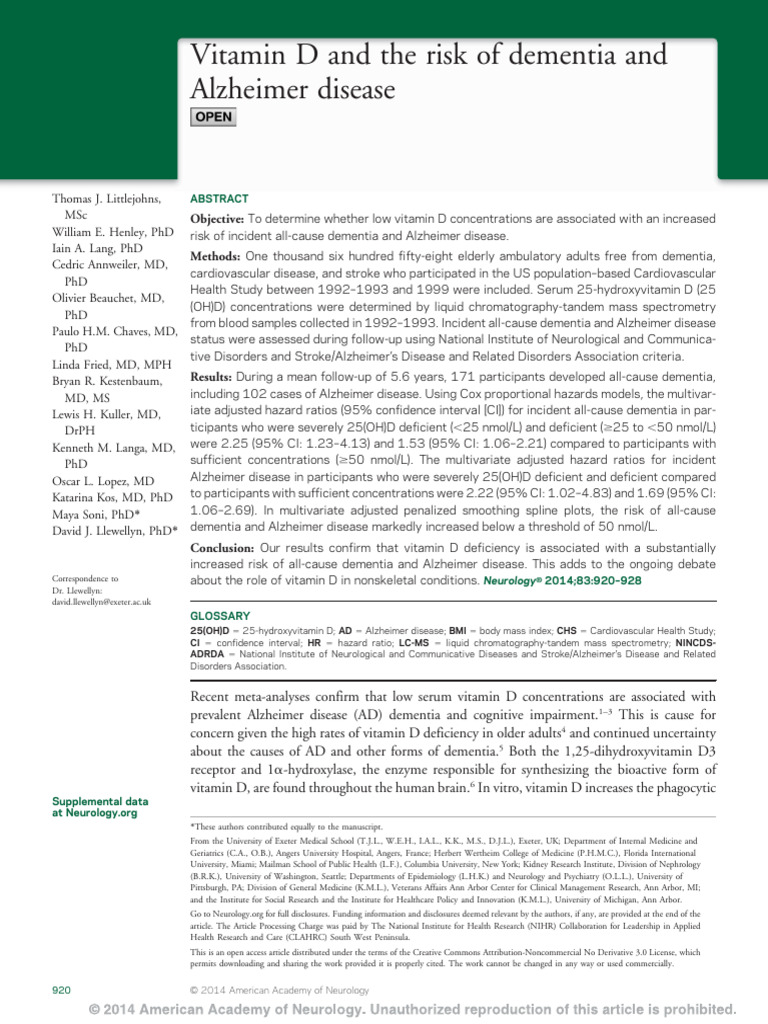 Littlejohns Et Al 2014 Vitamin d and the Risk of Dementia and Alzheimer ...