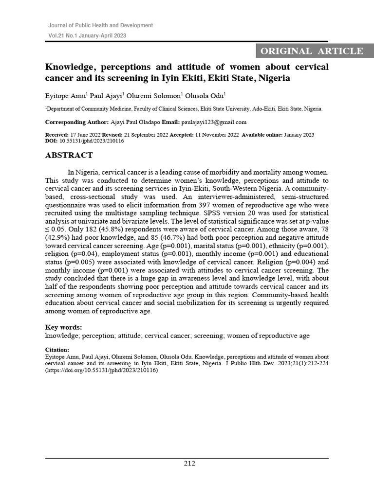 Women's Awareness of Cervical Cancer in Nigeria | PDF | Cervical Cancer ...