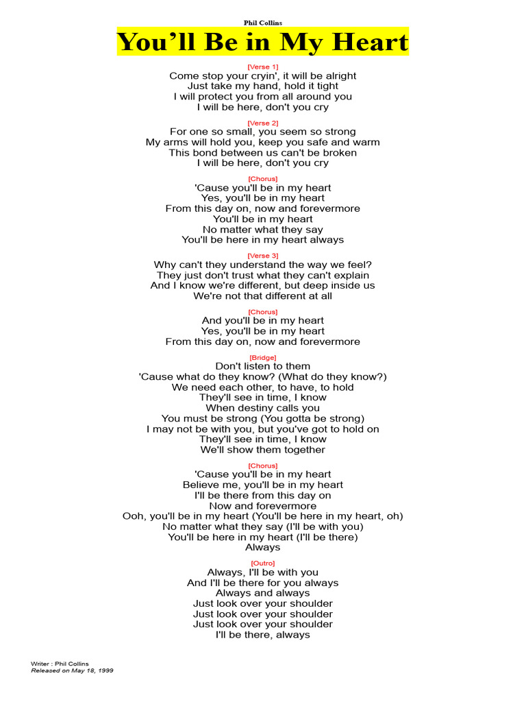 Phil Collins' "You'll Be in My Heart" Lyrics | PDF | American Songs | Songs