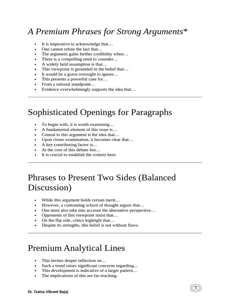 A Premium Phrases for Strong Arguments | PDF | Argument | Evidence
