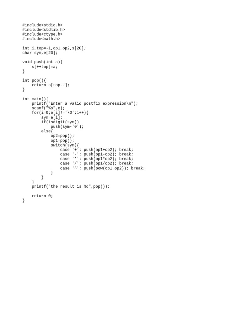 Postfix Expression Evaluator in C | PDF