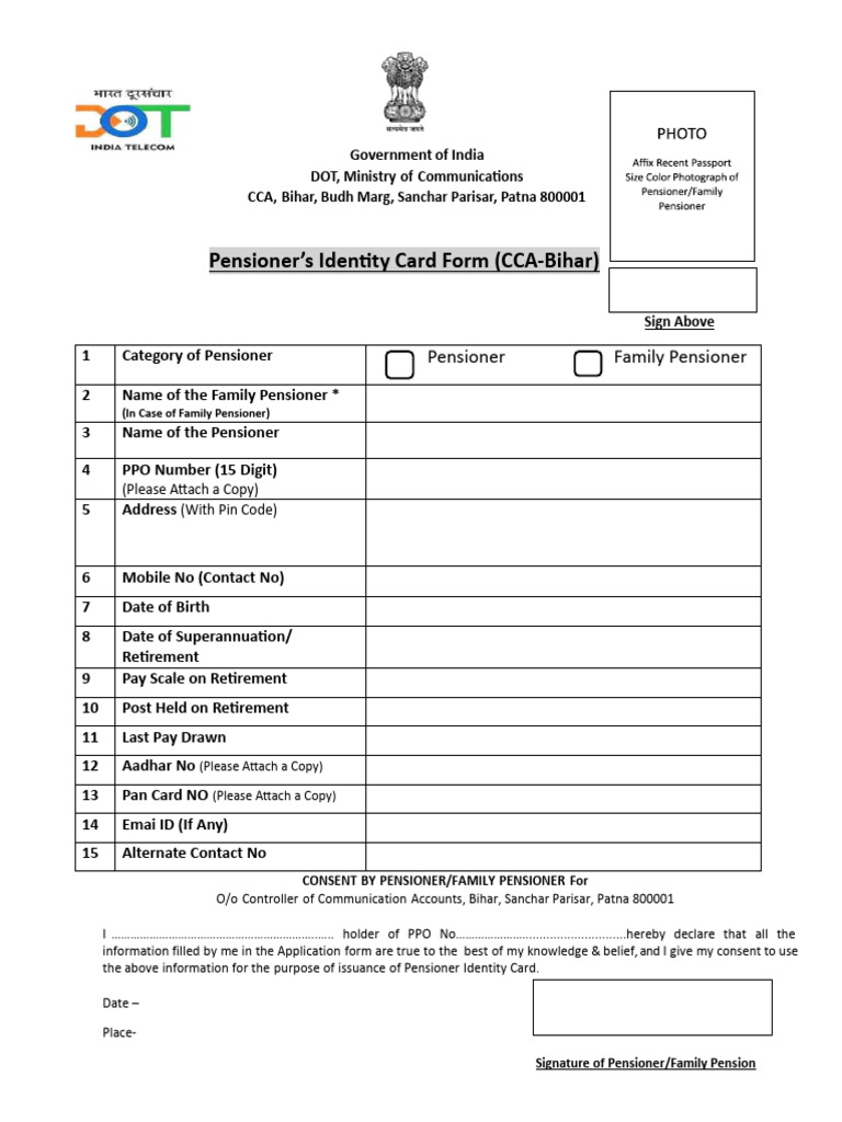 Pensioner Identity Card Form - Bihar | PDF