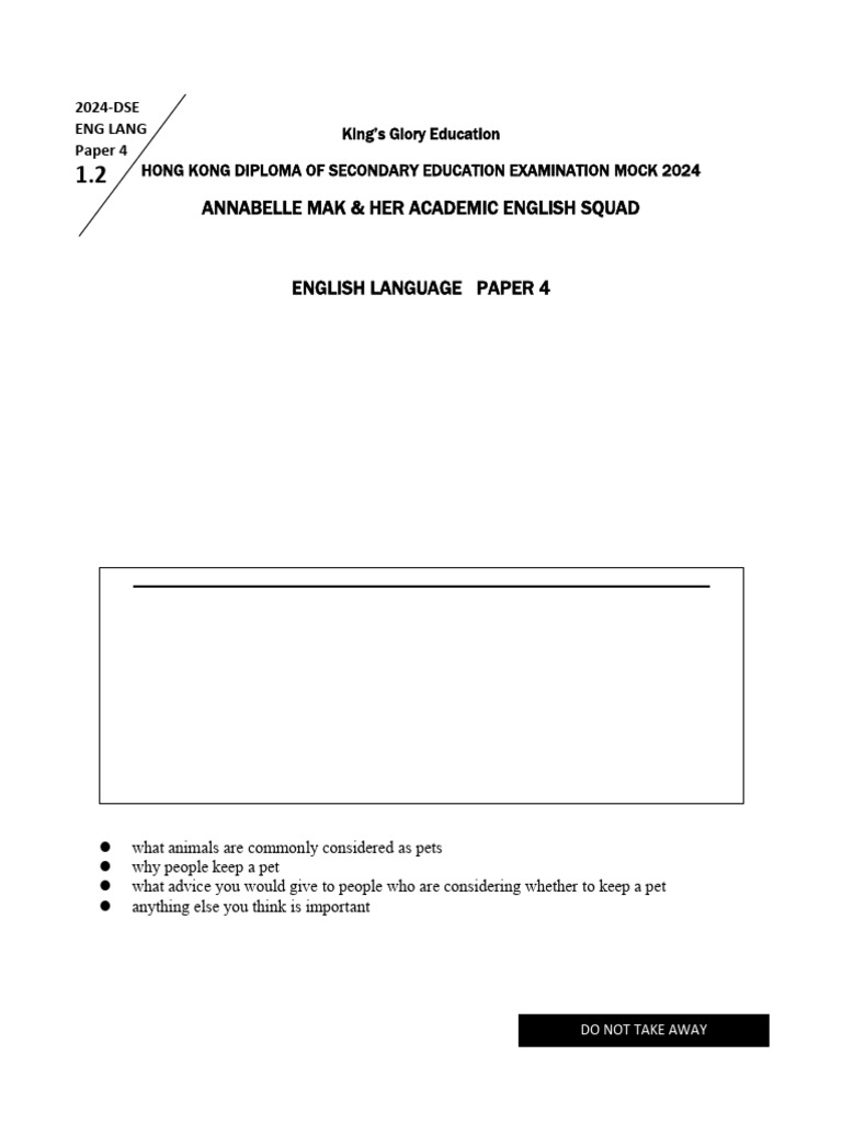 HK DSE 2024 English Mock Exam Guide | PDF | Pet | Love
