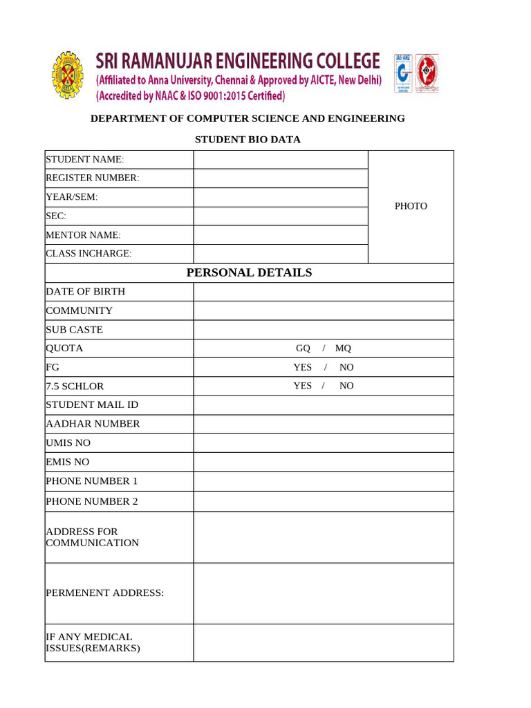 Student Bio Data Template for CSE | PDF