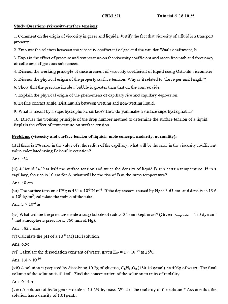 Viscosity and Surface Tension Study Guide | PDF | Surface Tension ...