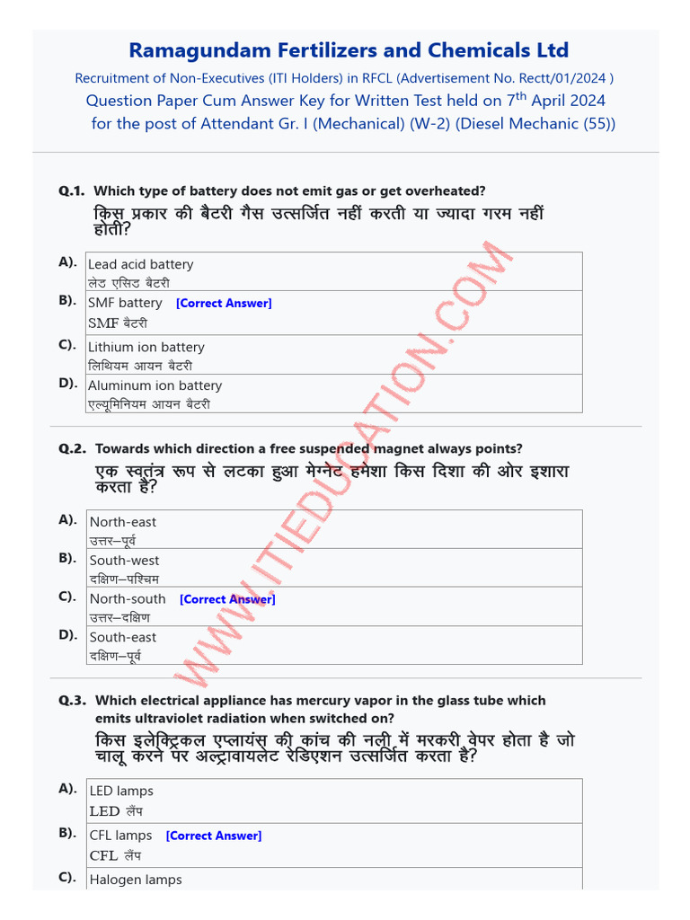 RFCL Diesel Mechanic Question Paper | PDF | Engines | Throttle