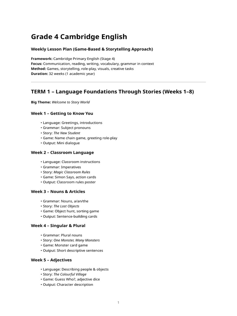 Grade 4 Cambridge English Lesson Plan | PDF | English Language | Noun