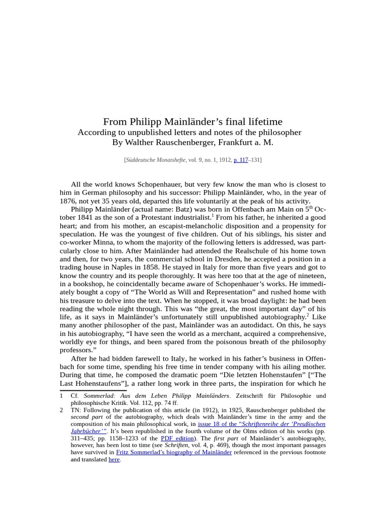 Philipp Mainländer: Life and Philosophy | PDF