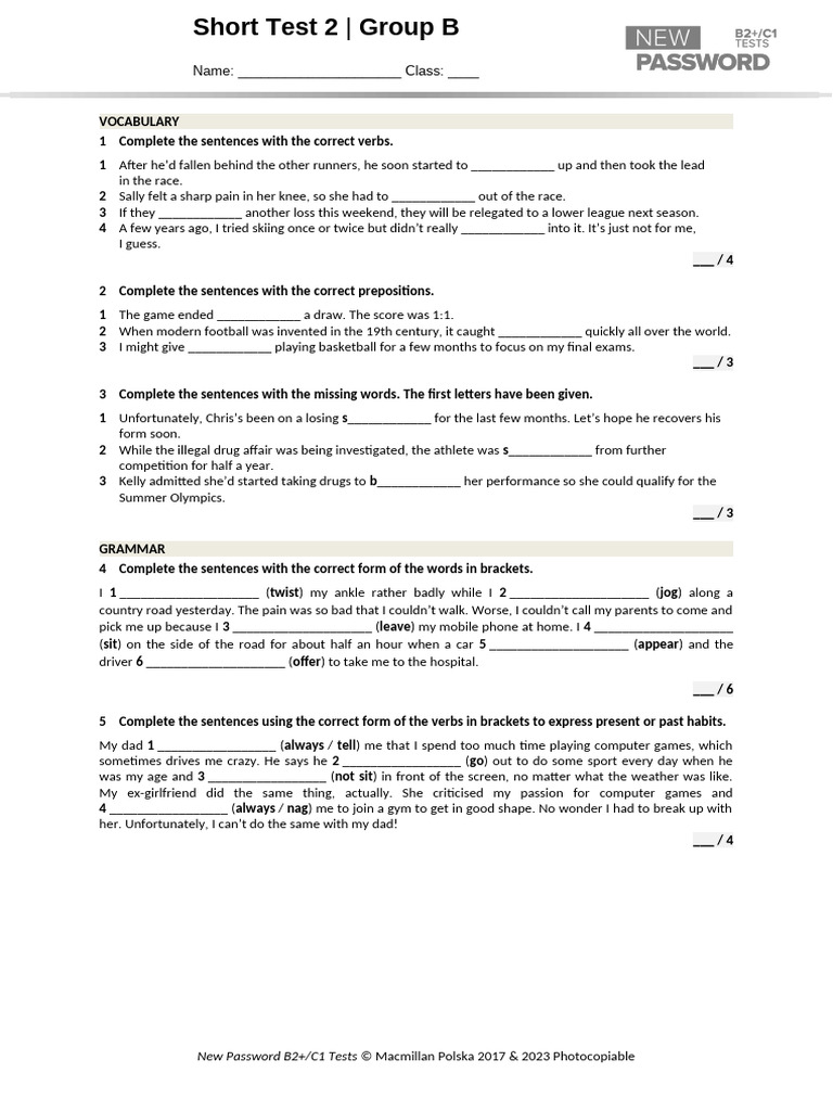 Vocabulary and Grammar Test for Students | PDF | Linguistics | Grammar
