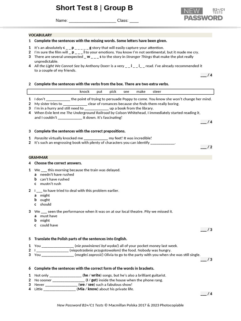 Vocabulary and Grammar Test for Students | PDF | Linguistics | Grammar