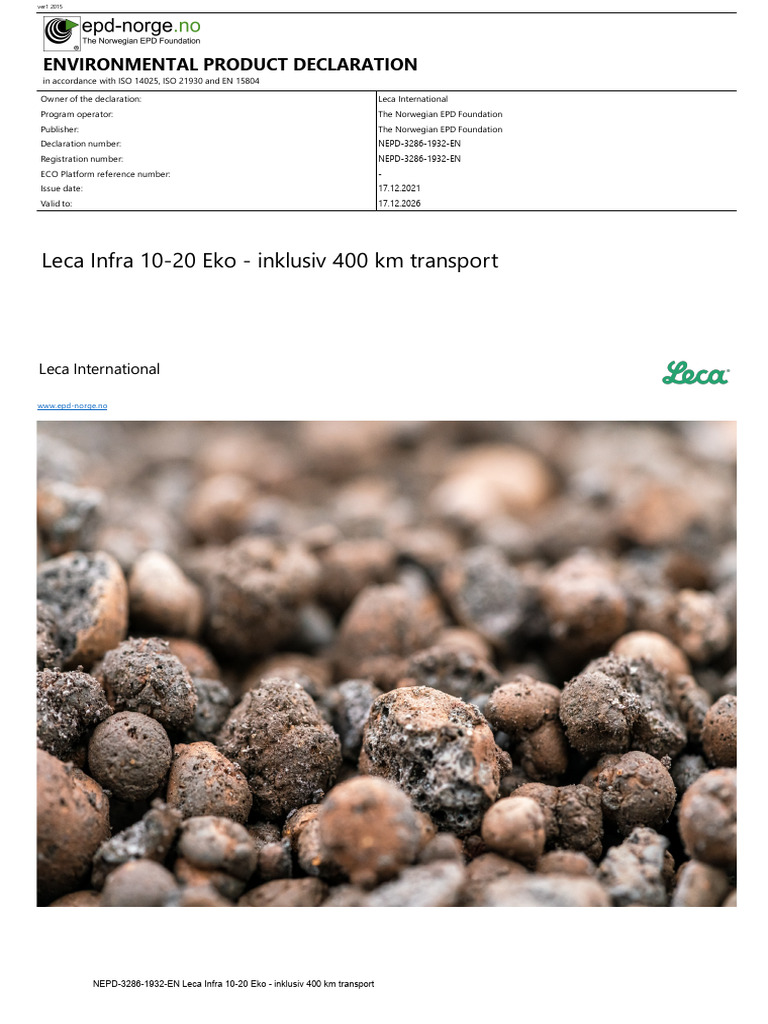 Leca Infra 10-20 Eko EPD Overview | PDF | Life Cycle Assessment